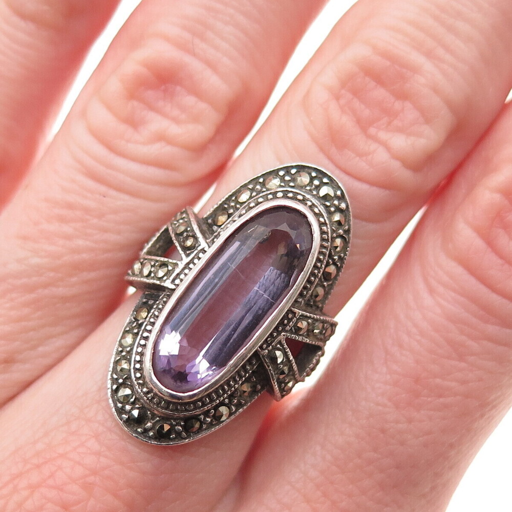 925 Sterling Silver Vintage Real Amethyst & Marcasite Oxidized Ring Size 5.5